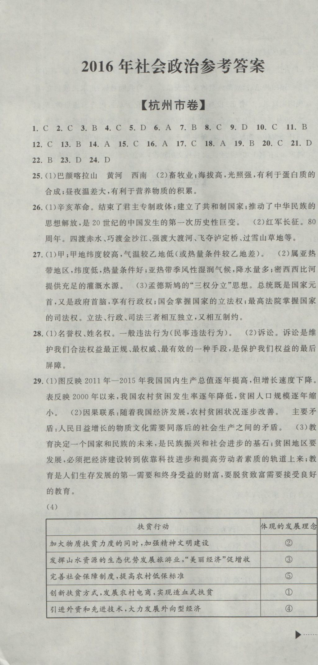 2017年中考必備2016中考利劍浙江省中考試卷匯編社會政治 參考答案第1頁