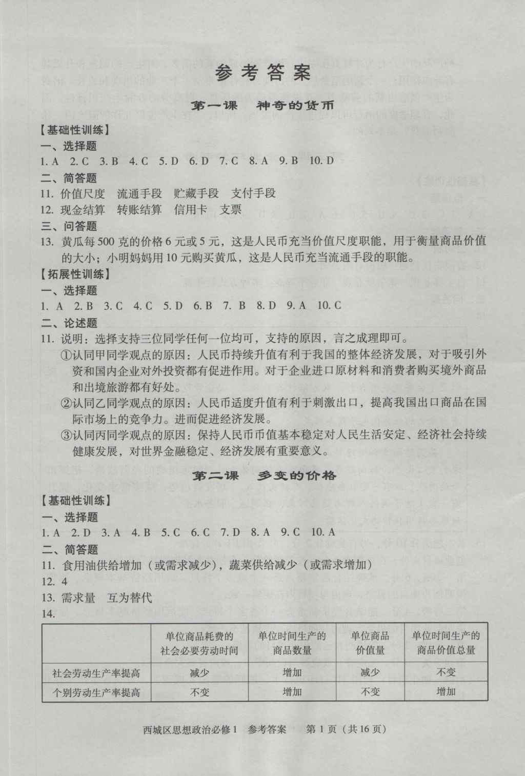 學(xué)習(xí)探究診斷思想政治必修1 參考答案第1頁(yè)