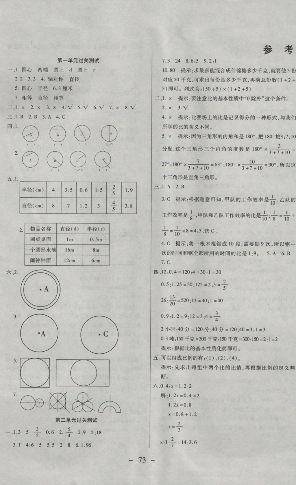 2016年期末冲刺100分全程密卷六年级数学上册冀教版 参考答案第1页