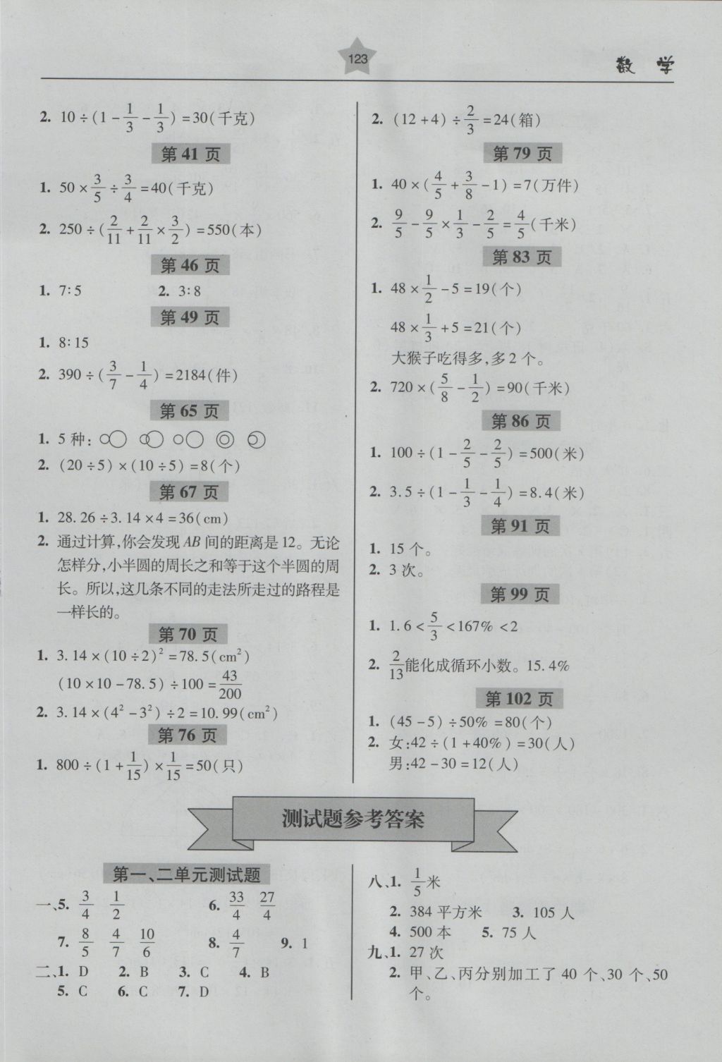 2016年金博士一點(diǎn)全通六年級數(shù)學(xué)上冊青島版 參考答案第9頁