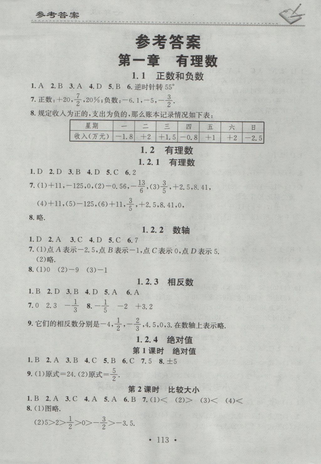 2016年名校課堂小練習(xí)七年級(jí)數(shù)學(xué)上冊(cè)人教版 參考答案第1頁(yè)