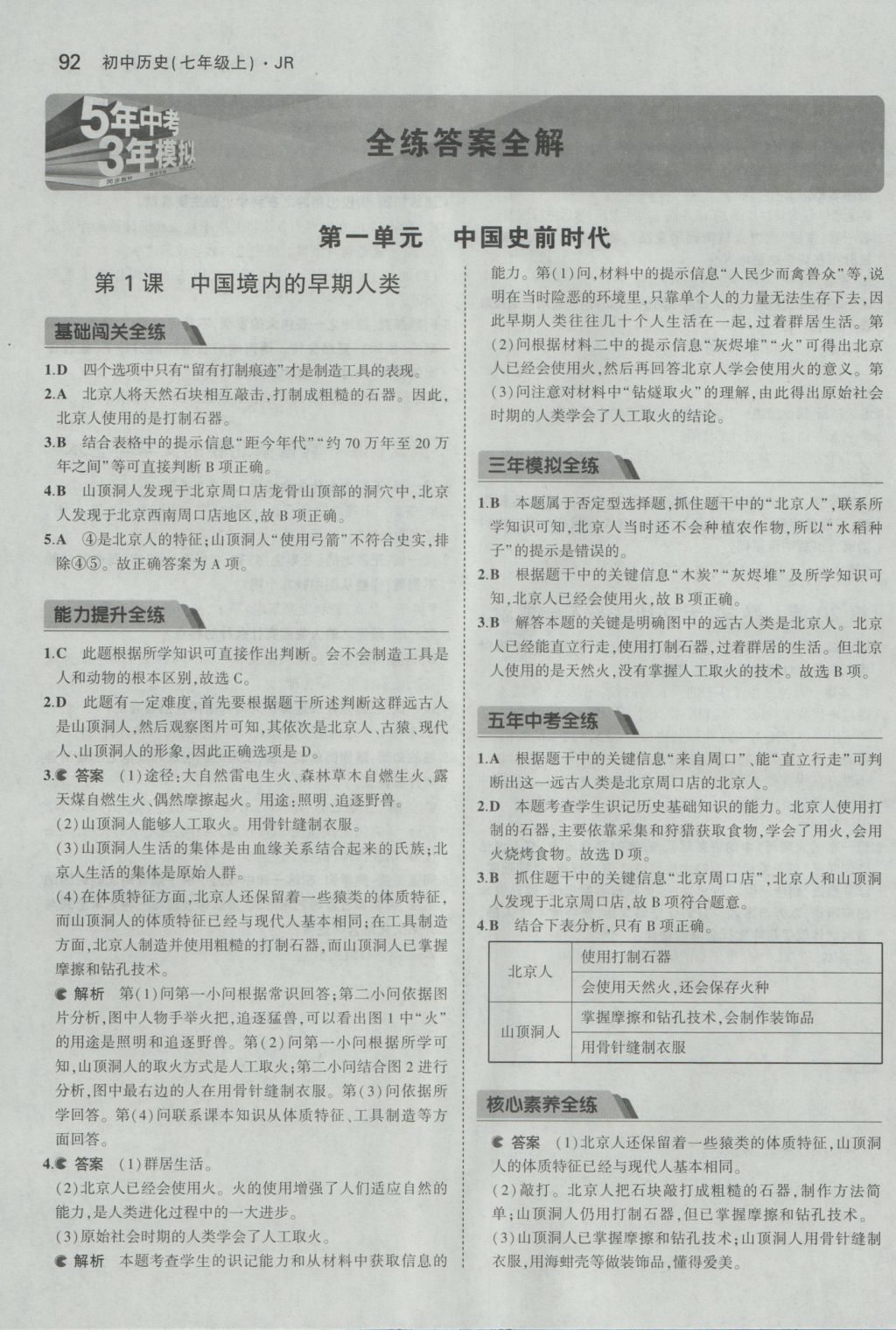 2016年5年中考3年模拟初中历史七年级上册冀人版 参考答案第1页