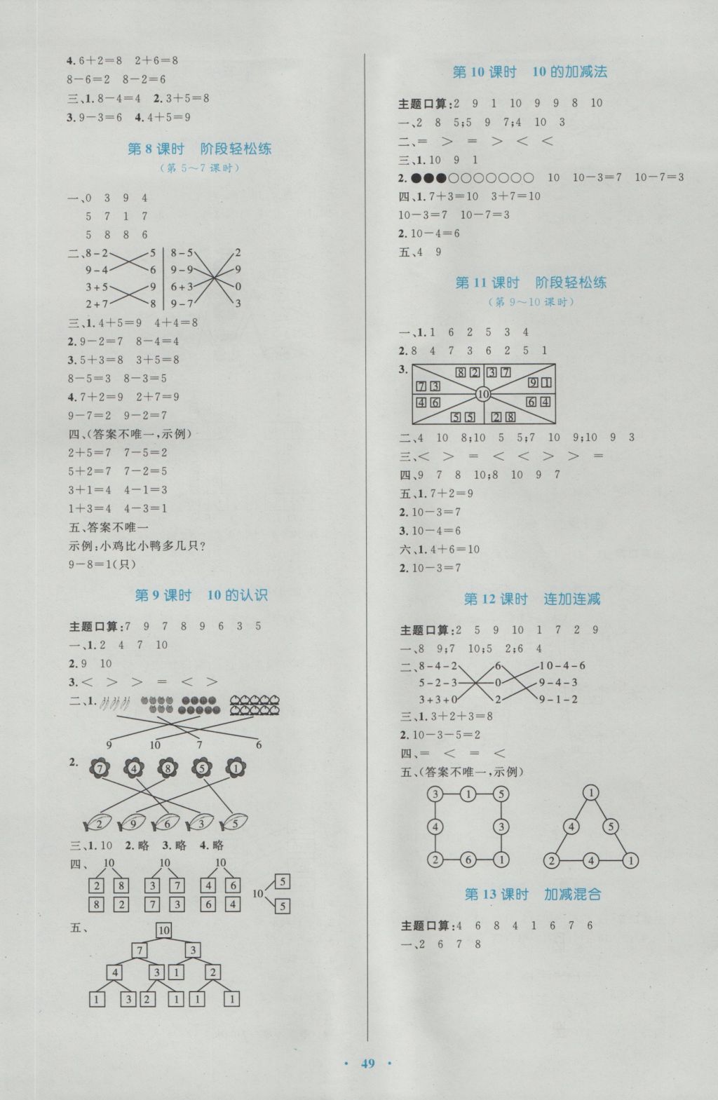 2016年新課標(biāo)小學(xué)同步學(xué)習(xí)目標(biāo)與檢測(cè)一年級(jí)數(shù)學(xué)上冊(cè)人教版 參考答案第5頁