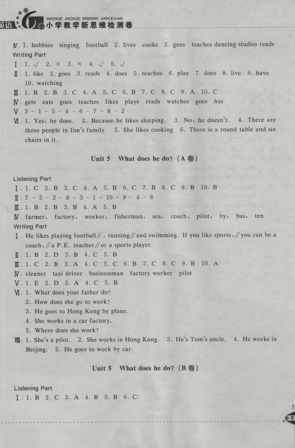 2016年小學(xué)教學(xué)新思維檢測卷快樂學(xué)習(xí)六年級英語上冊 參考答案第21頁