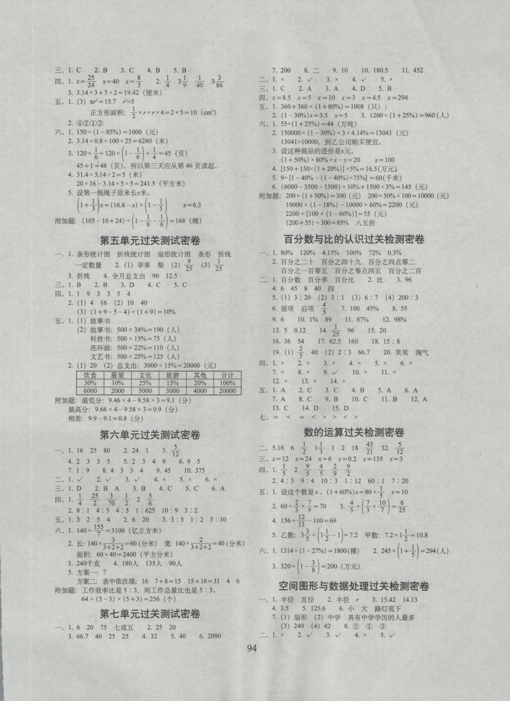 2016年期末冲刺100分完全试卷六年级数学上册北师大版 参考答案第2页