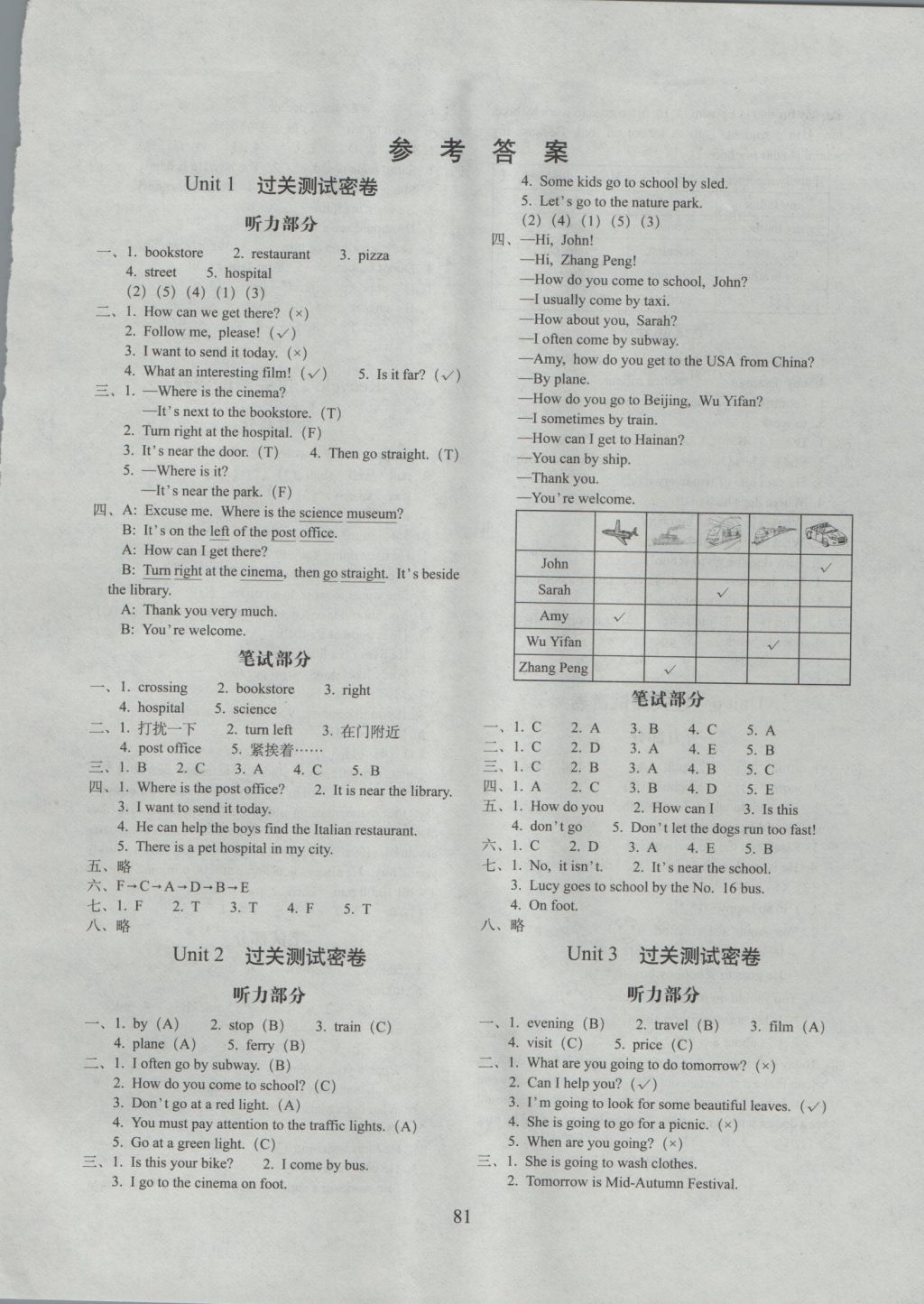 2016年期末冲刺100分完全试卷六年级英语上册人教PEP版三起 参考答案第1页