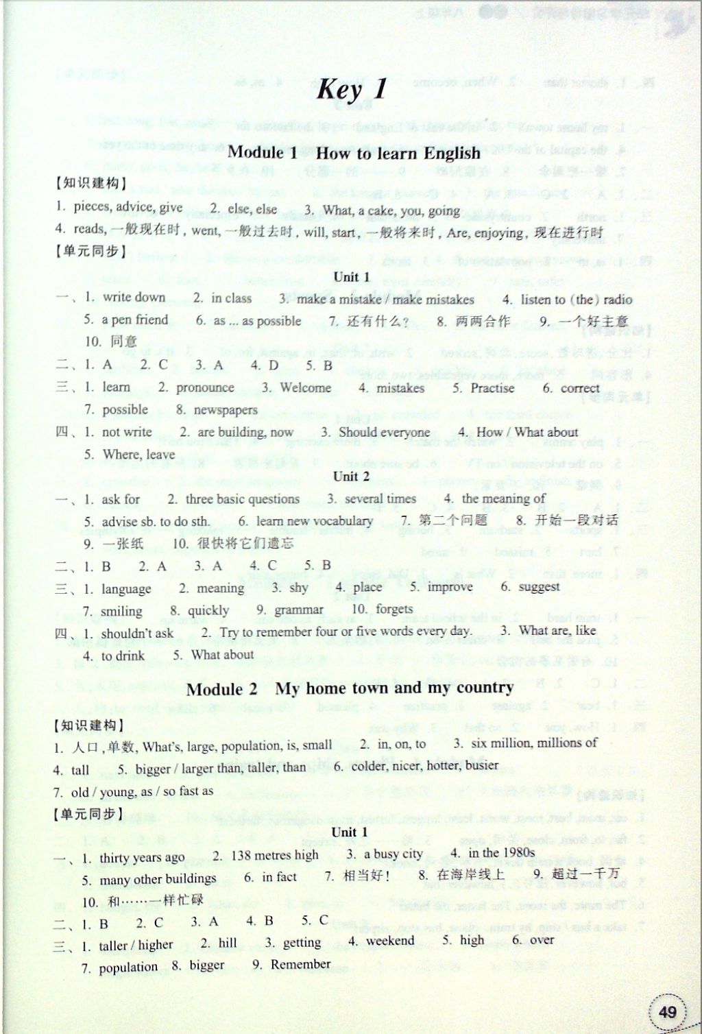 2016年單元學(xué)習(xí)指導(dǎo)與評價八年級英語上冊 參考答案第1頁