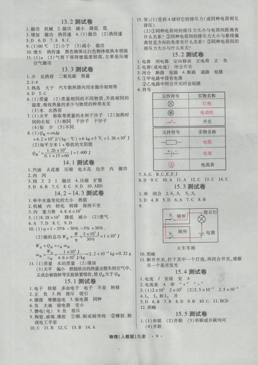 2016年一課一練創(chuàng)新練習(xí)九年級物理全一冊人教版 參考答案第9頁