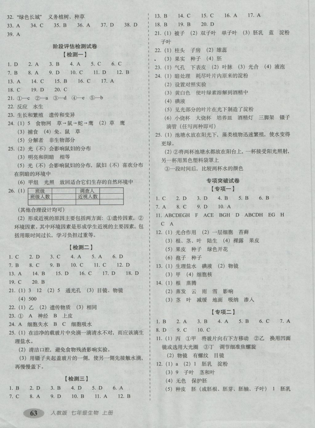 2016年聚能闯关期末复习冲刺卷七年级生物上册人教版 参考答案第3页