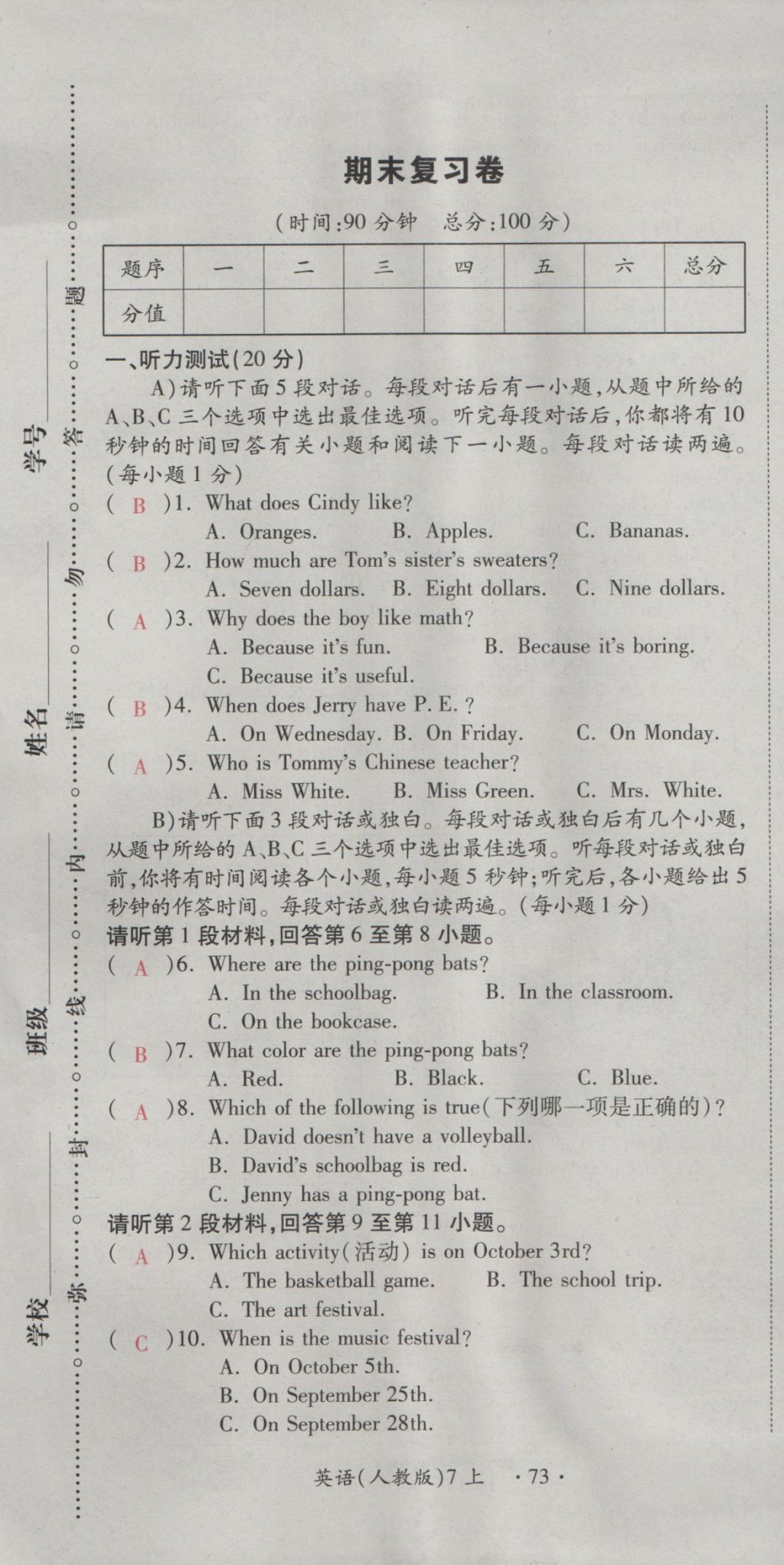 2016年一課一練創(chuàng)新練習(xí)七年級英語上冊人教版 測試卷第195頁