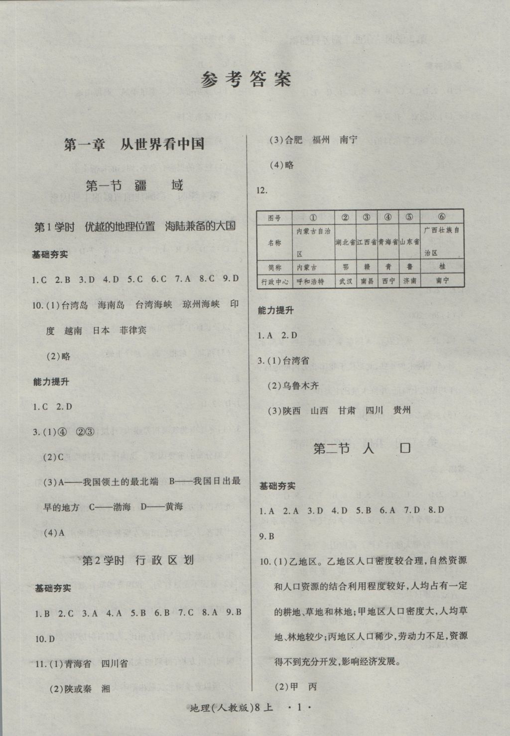 2016年一課一練創(chuàng)新練習八年級地理上冊人教版 參考答案第1頁