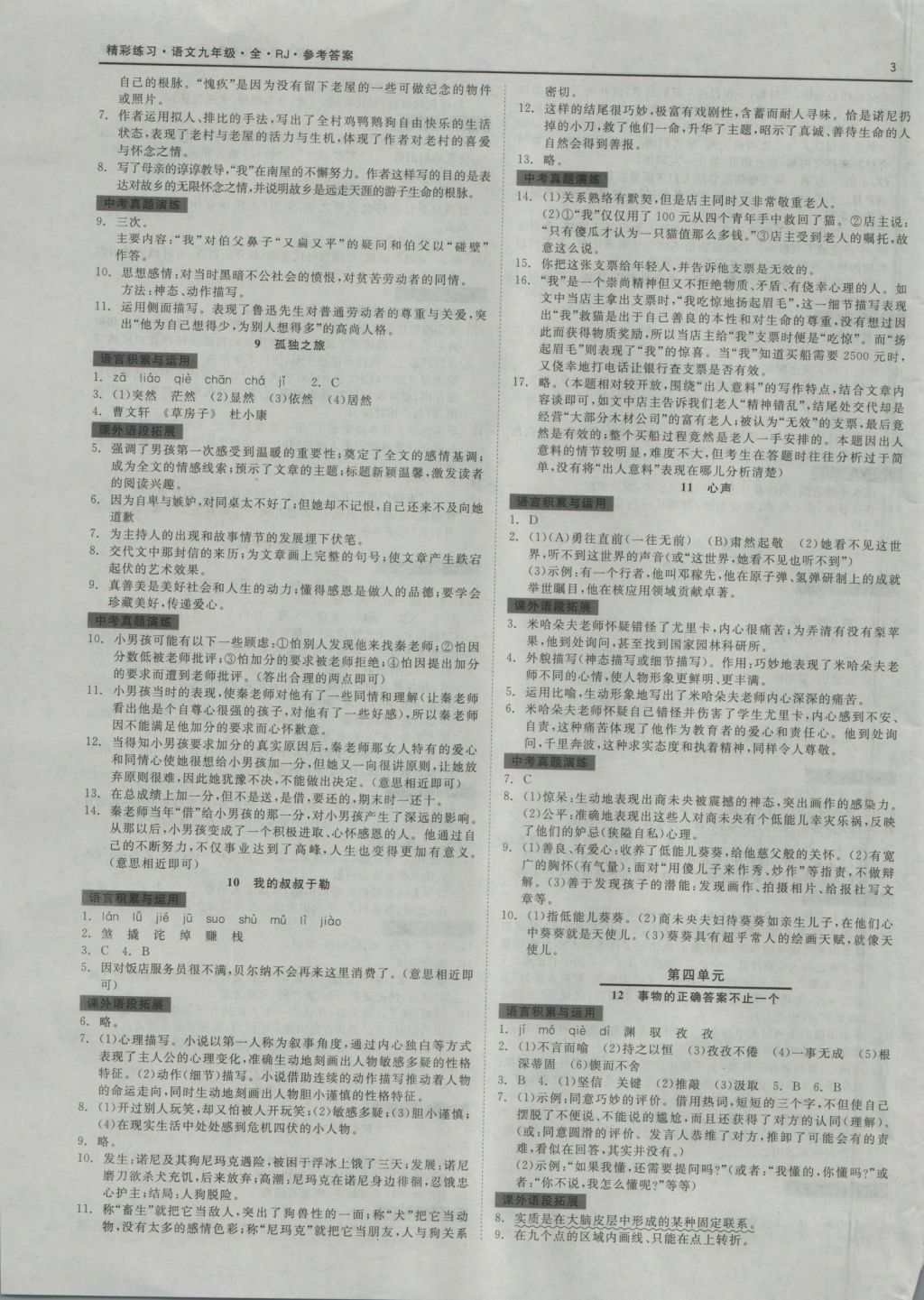 2016年精彩練習(xí)就練這一本九年級語文全一冊人教版 參考答案第3頁