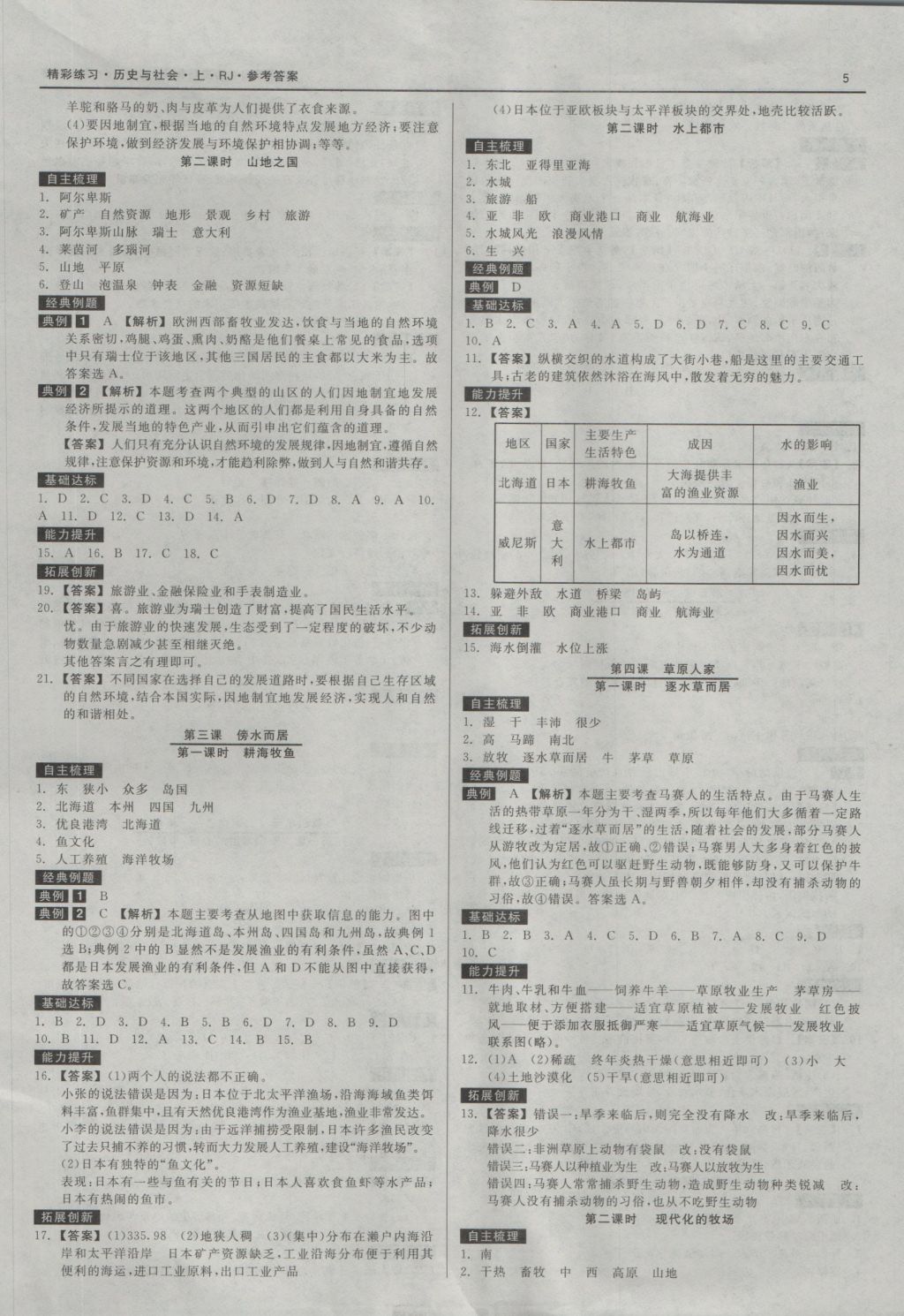 2016年精彩练习就练这一本七年级历史与社会上册人教版 参考答案第5页