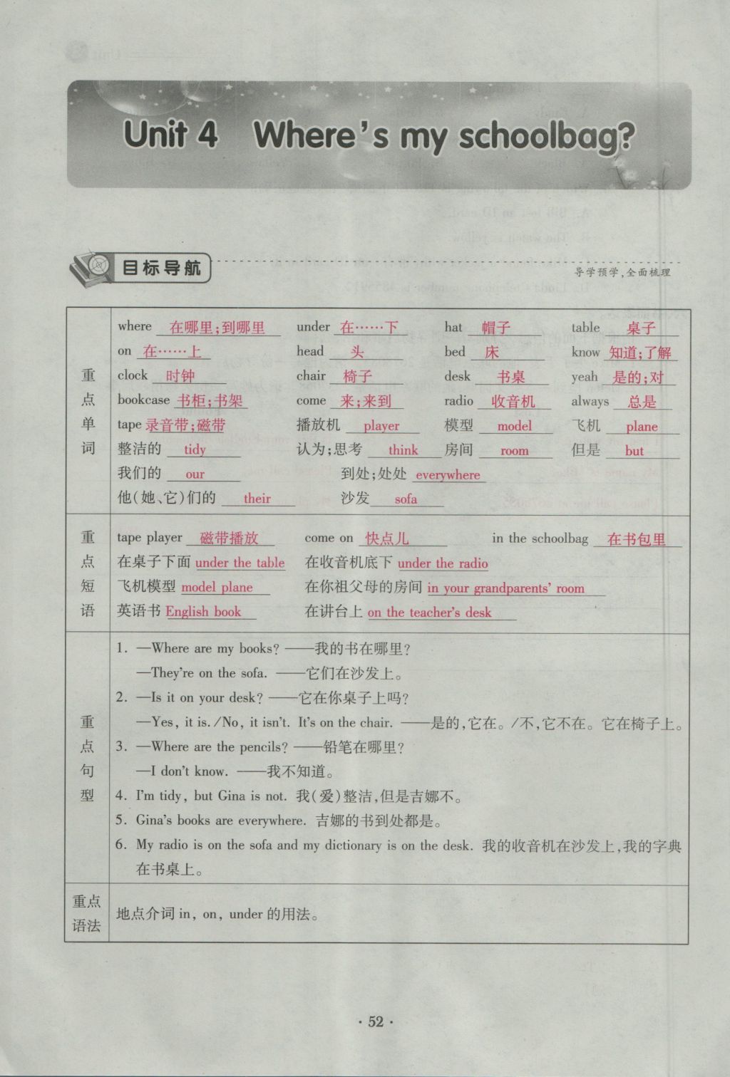 2016年一課一練創(chuàng)新練習(xí)七年級英語上冊人教版 Unit 4 Where's my schoolbag第52頁