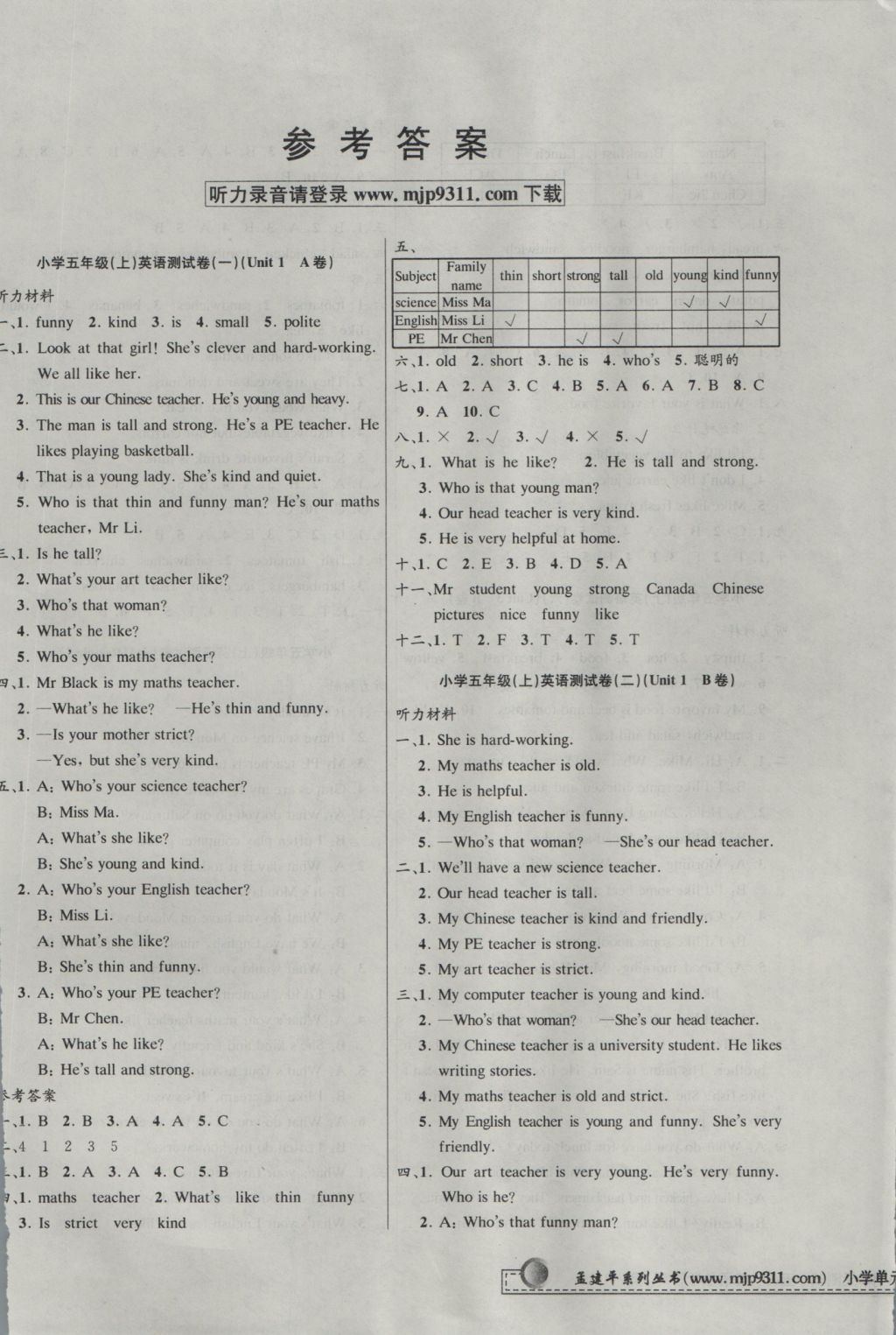 2016年孟建平小學(xué)單元測(cè)試五年級(jí)英語(yǔ)上冊(cè)人教PEP版 參考答案第1頁(yè)