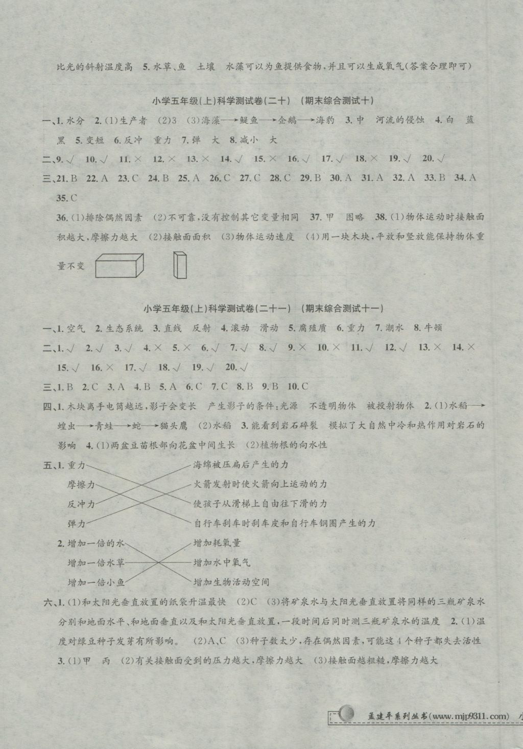 2016年孟建平小學單元測試五年級科學上冊教科版 參考答案第11頁