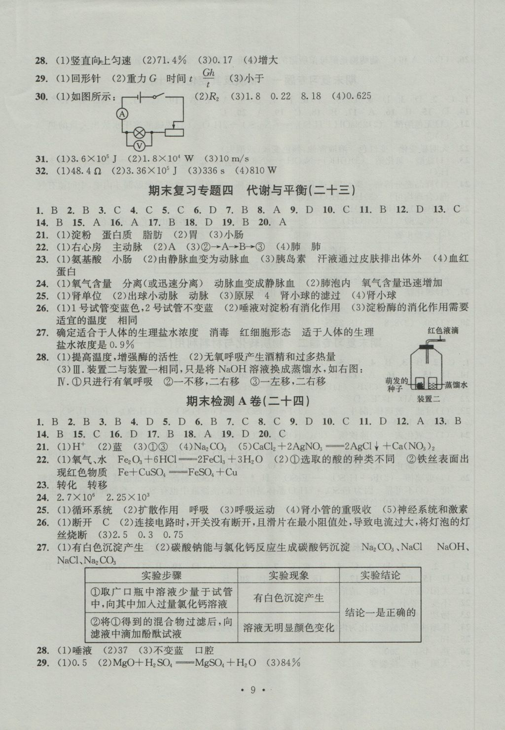 2016年習(xí)題E百檢測卷九年級理科綜合科學(xué)全浙教版 參考答案第9頁