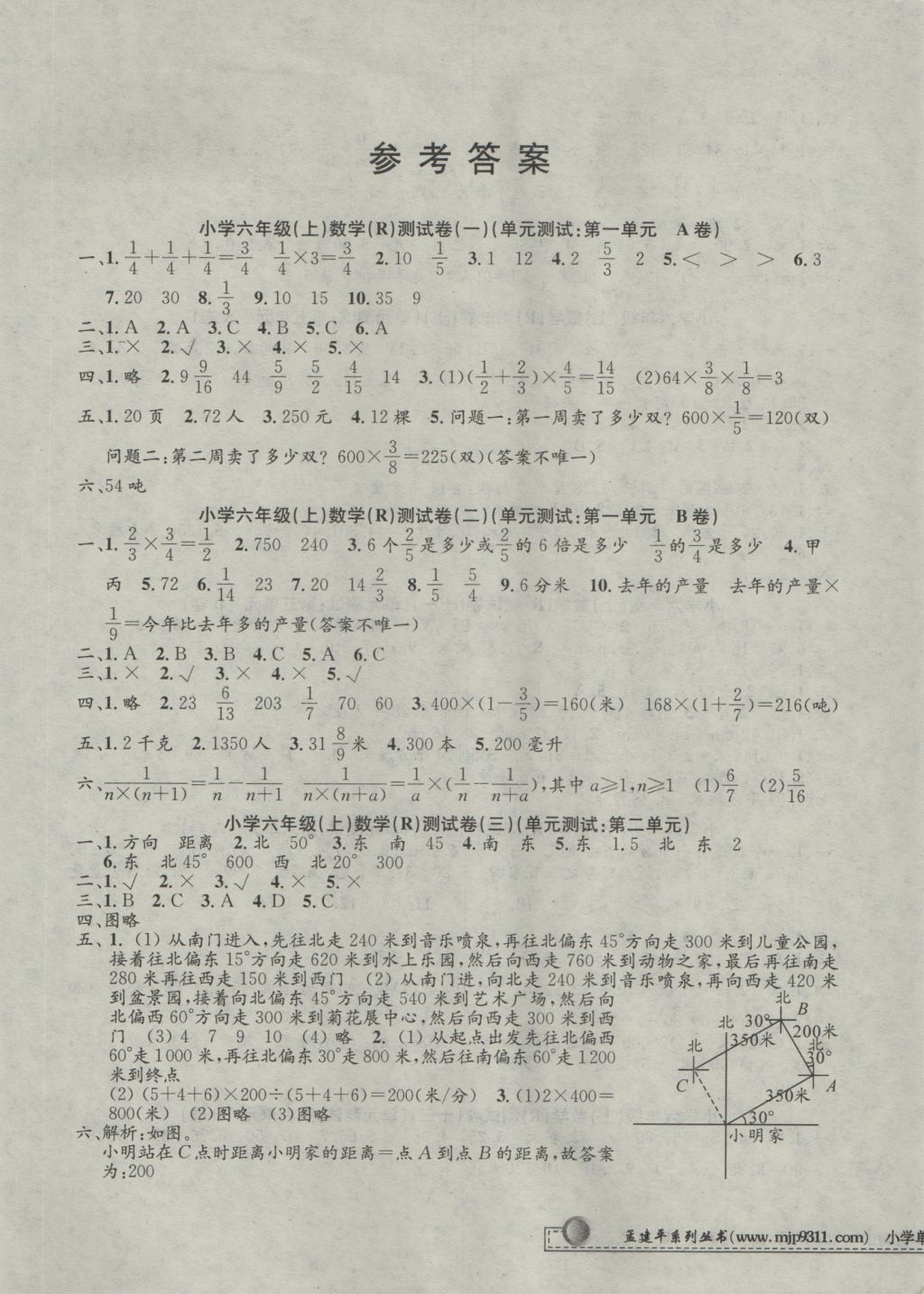 2016年孟建平小学单元测试六年级数学上册人教版 参考答案第1页