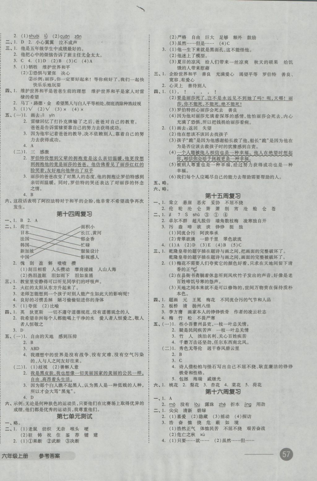 2016年全品小復習六年級語文上冊北師大版 參考答案第6頁