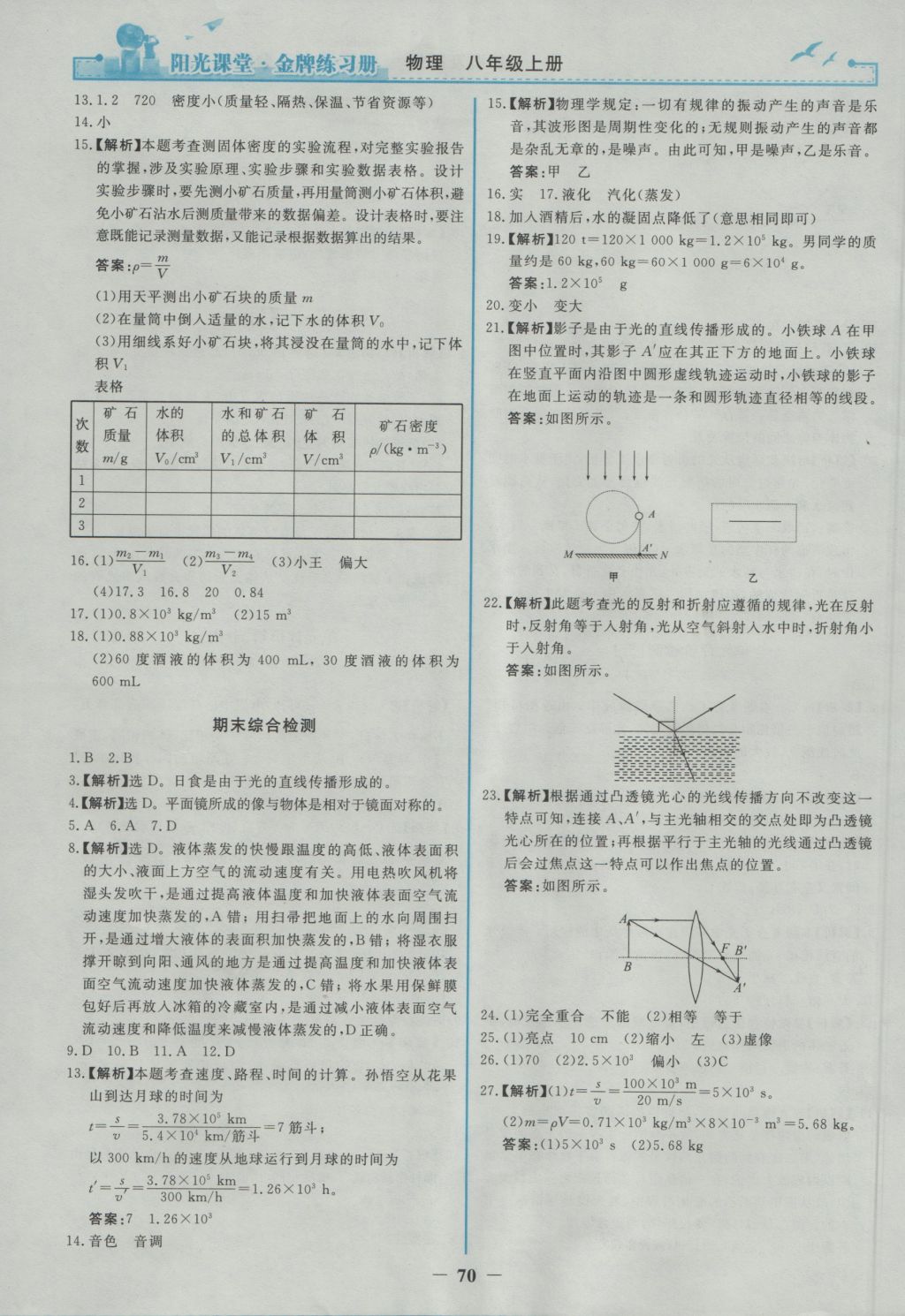 2016年陽光課堂金牌練習冊八年級物理上冊人教版 參考答案第22頁