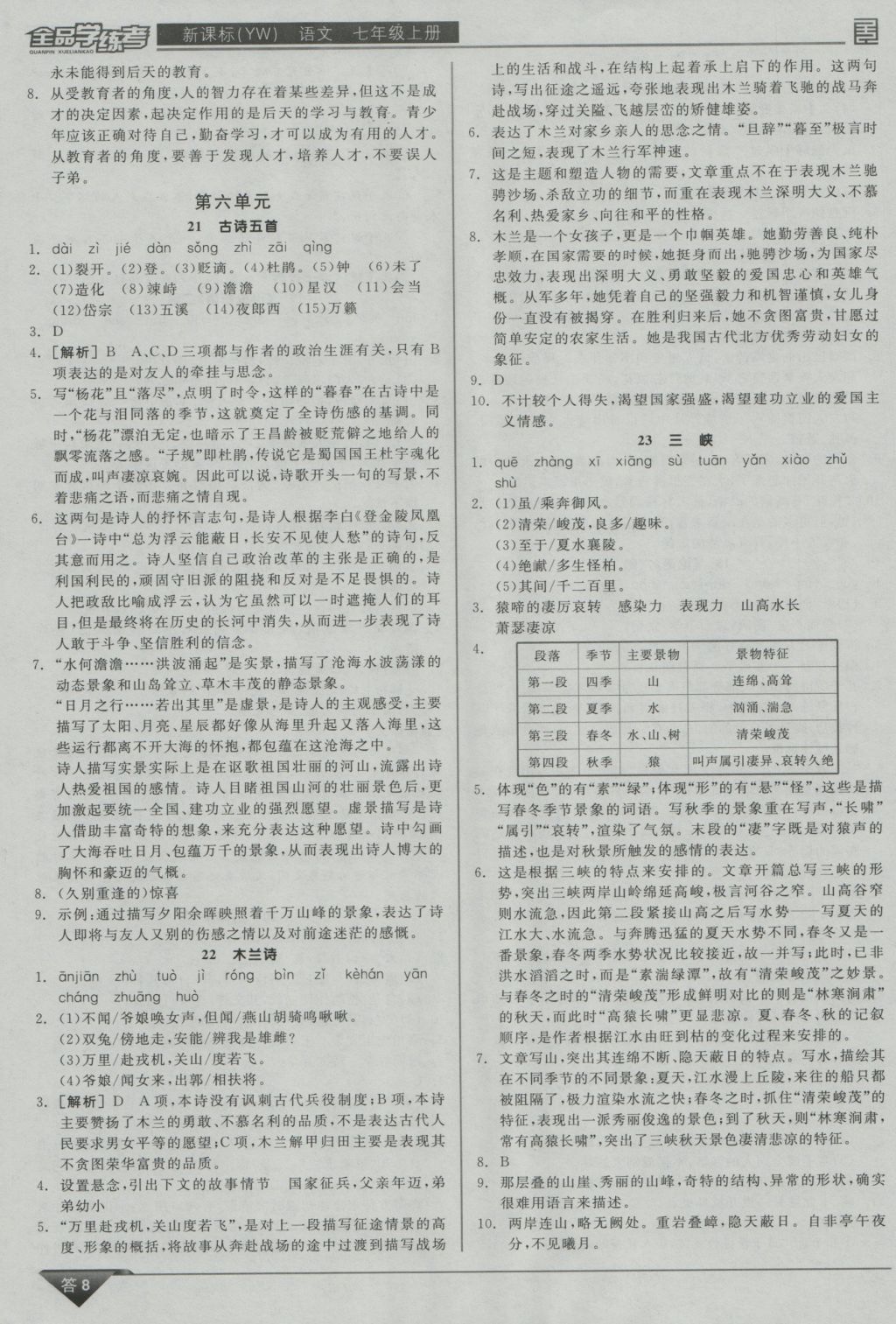 2016年全品學練考七年級語文上冊語文版 參考答案第8頁