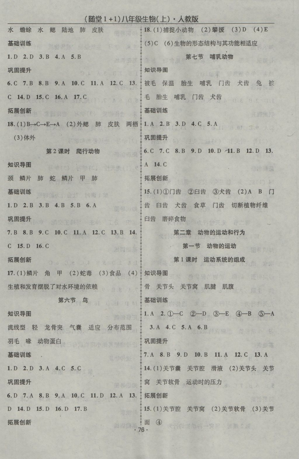 2016年随堂1加1导练八年级生物上册人教版 参考答案第2页