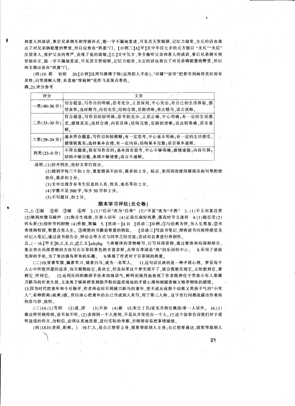 2016年全程助學(xué)與學(xué)習(xí)評(píng)估七年級(jí)語(yǔ)文上冊(cè) 參考答案第21頁(yè)