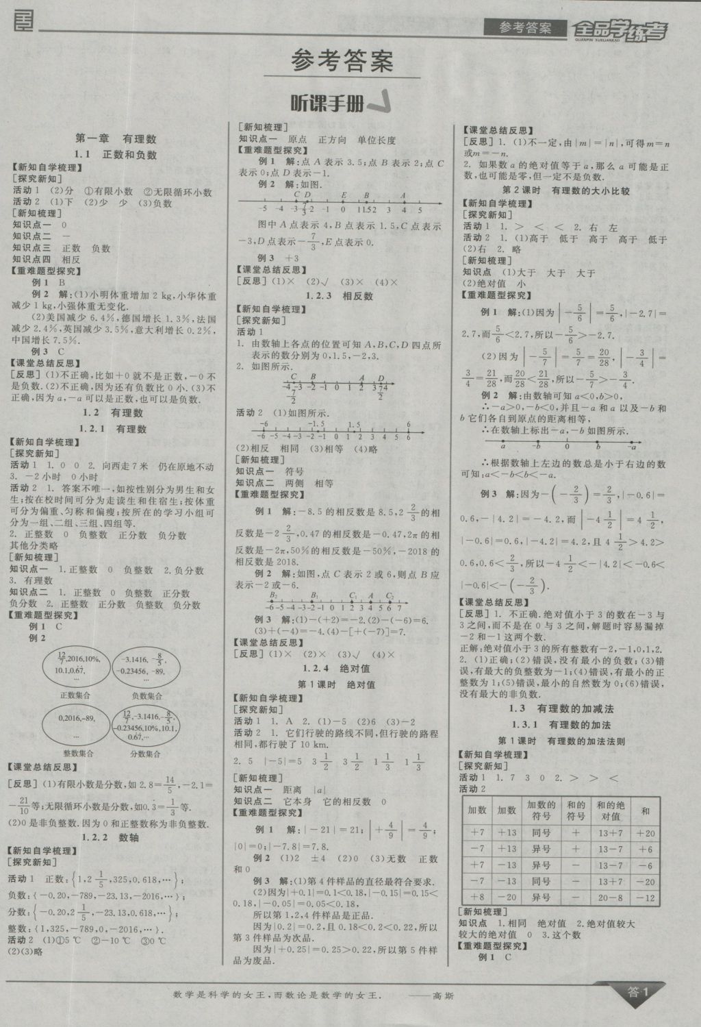 2016年全品学练考七年级数学上册人教版 参考答案第1页