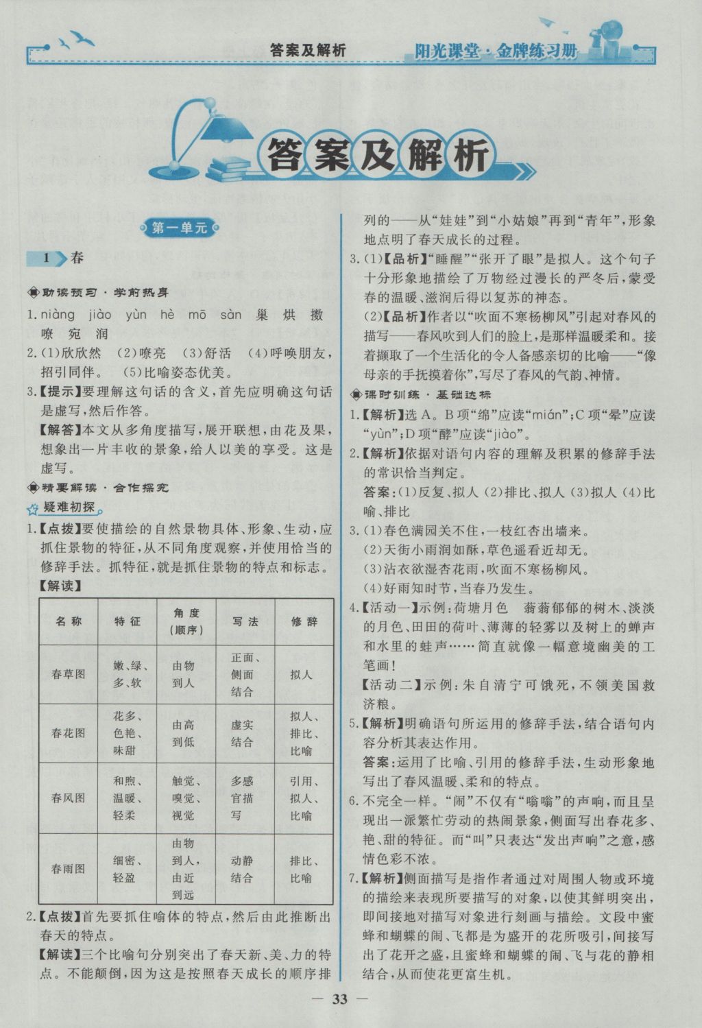 2016年陽光課堂金牌練習(xí)冊七年級語文上冊人教版 參考答案第1頁