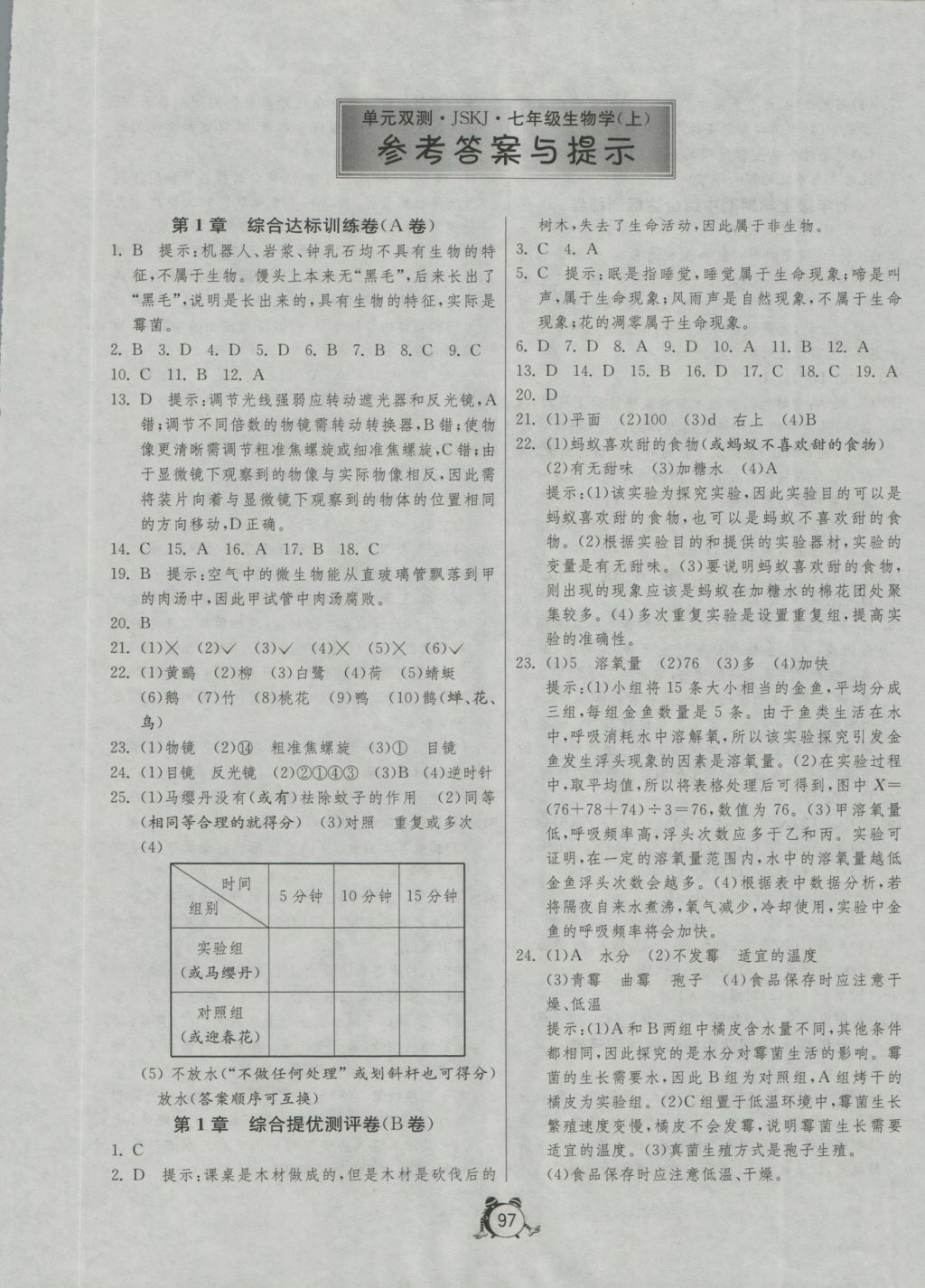 2016年单元双测全程提优测评卷七年级生物学苏科版 参考答案第1页