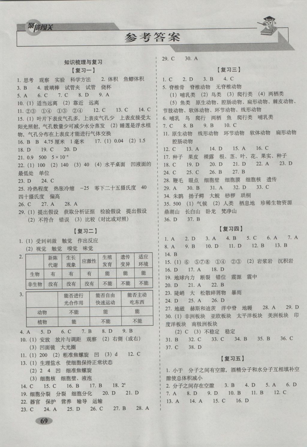 2016年聚能闯关期末复习冲刺卷七年级科学上册浙教版 参考答案第1页