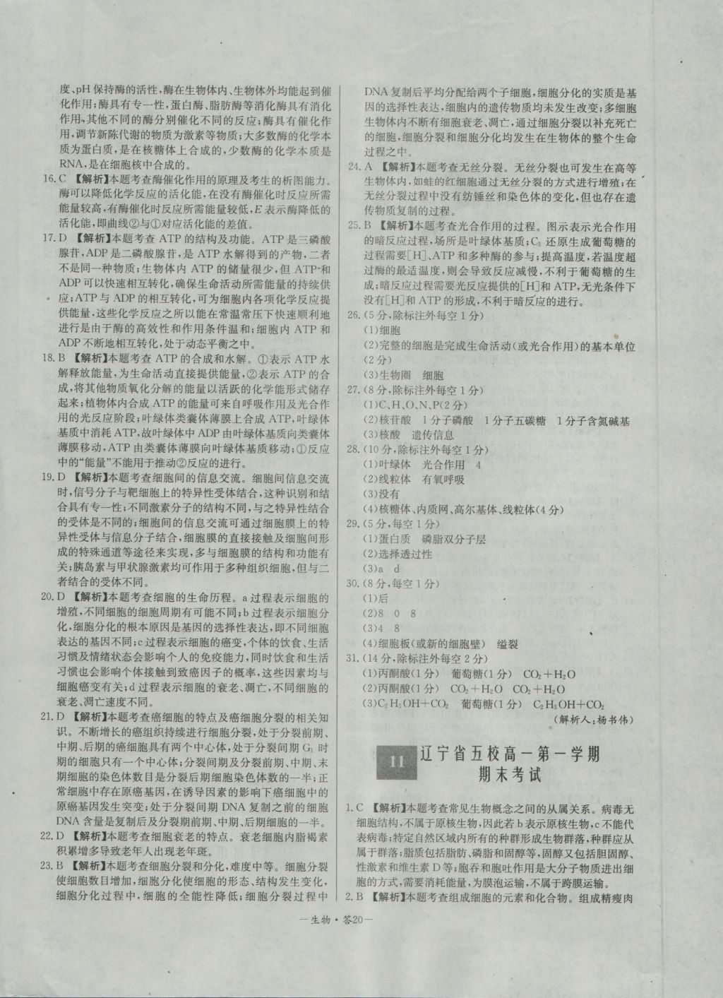 高中名校期中期末聯(lián)考測(cè)試卷生物必修1人教版 參考答案第20頁(yè)