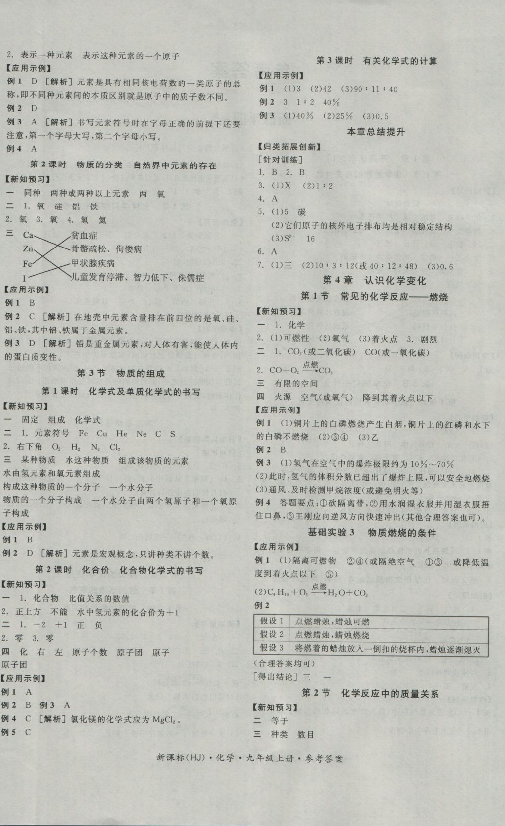 2016年全品學練考九年級化學上冊滬教版 參考答案第4頁