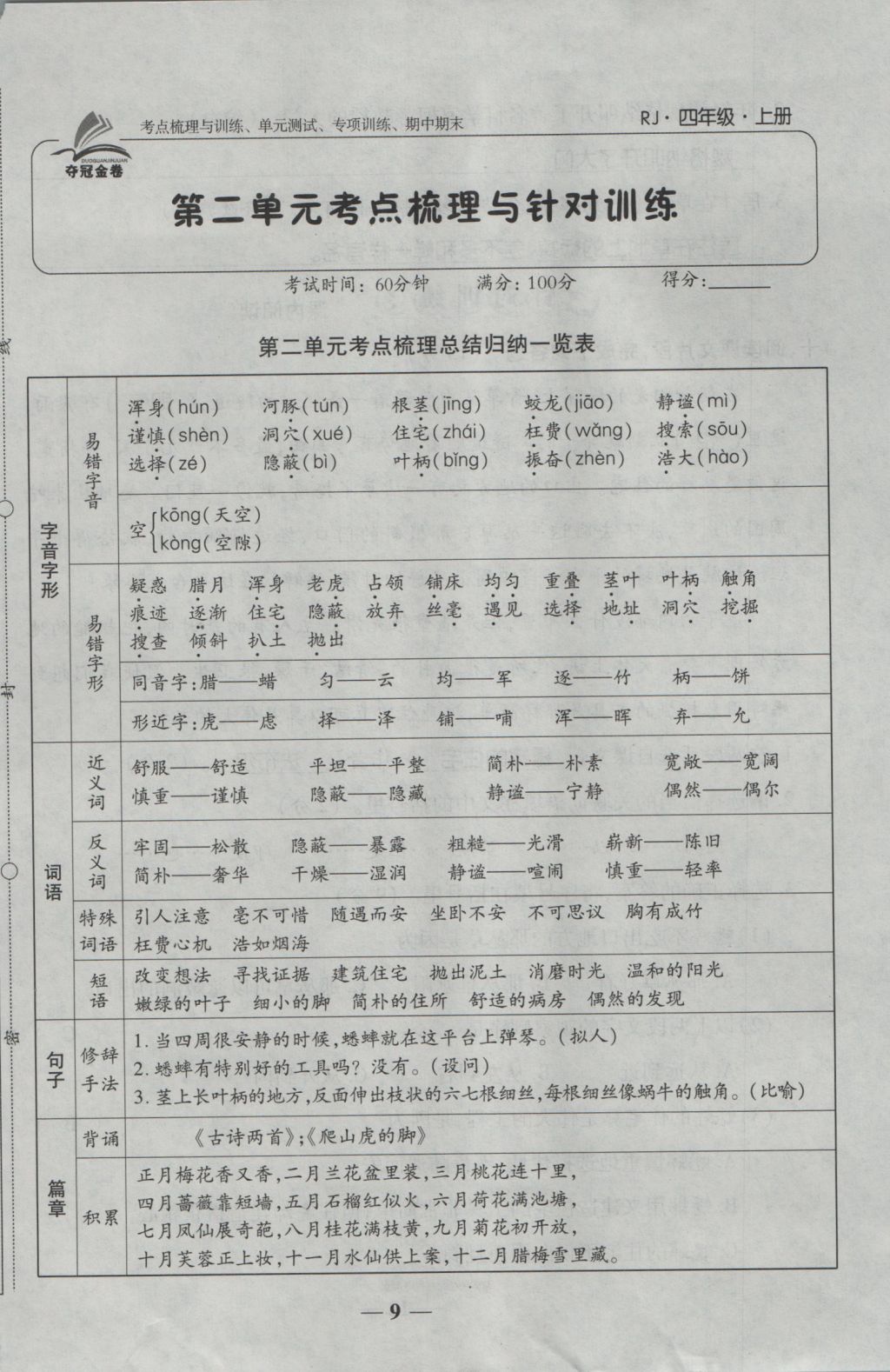 2016年奪冠金卷考點(diǎn)梳理全優(yōu)卷四年級(jí)語(yǔ)文上冊(cè)人教版 參考答案第9頁(yè)