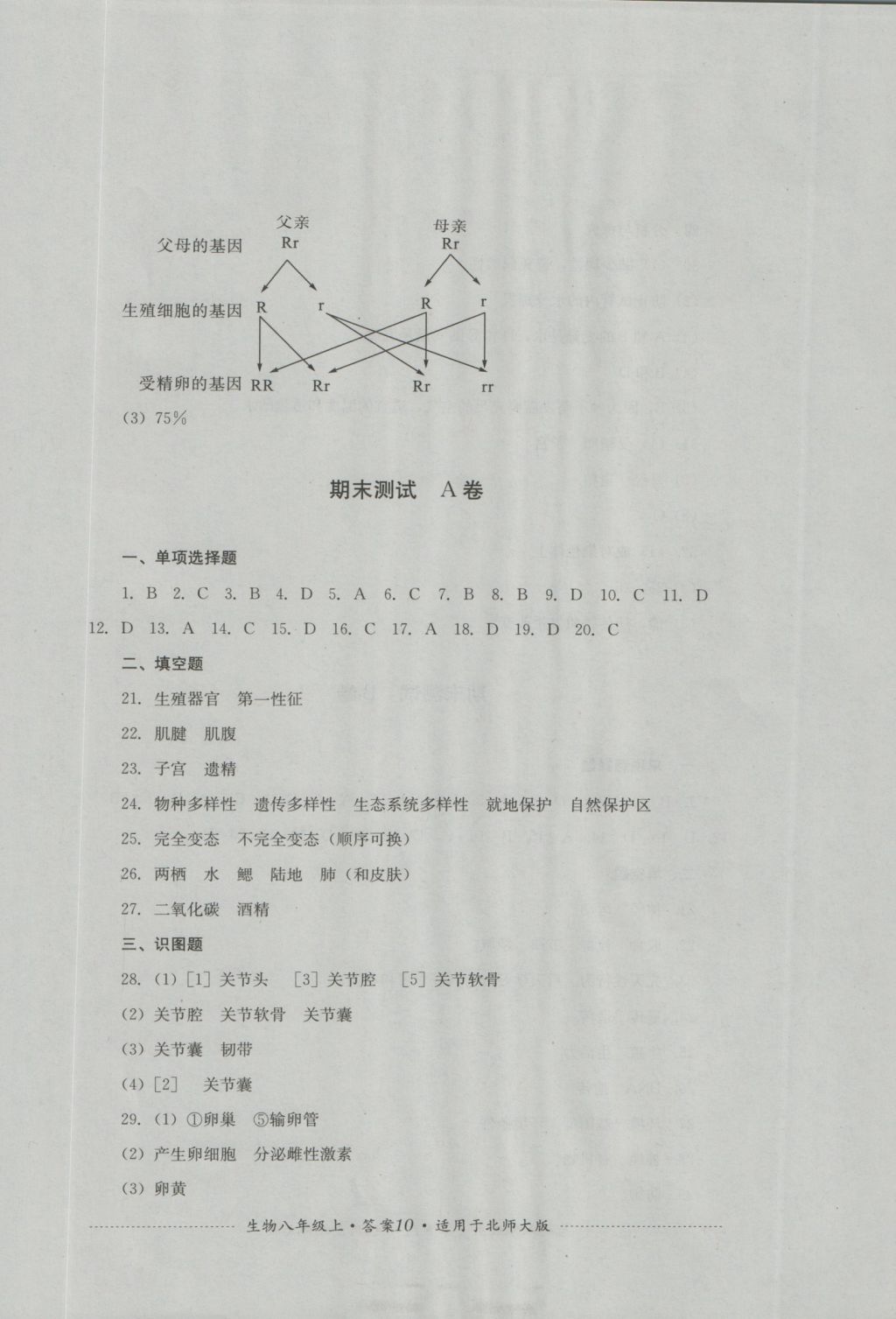 2016年单元测试八年级生物上册北师大版四川教育出版社 参考答案第10页