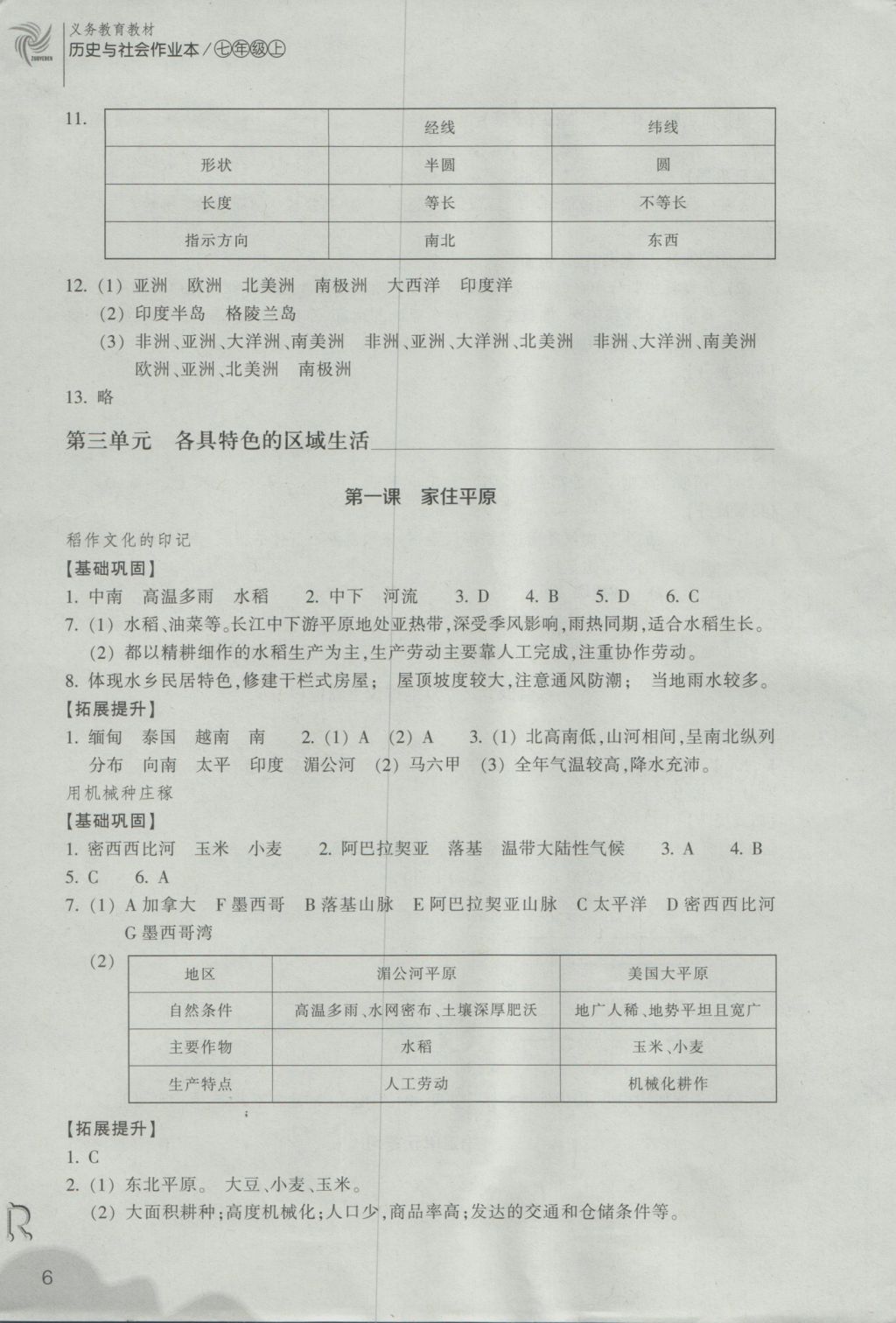 2016年作業(yè)本七年級(jí)歷史與社會(huì)上冊(cè)人教版浙江教育出版社 參考答案第6頁(yè)