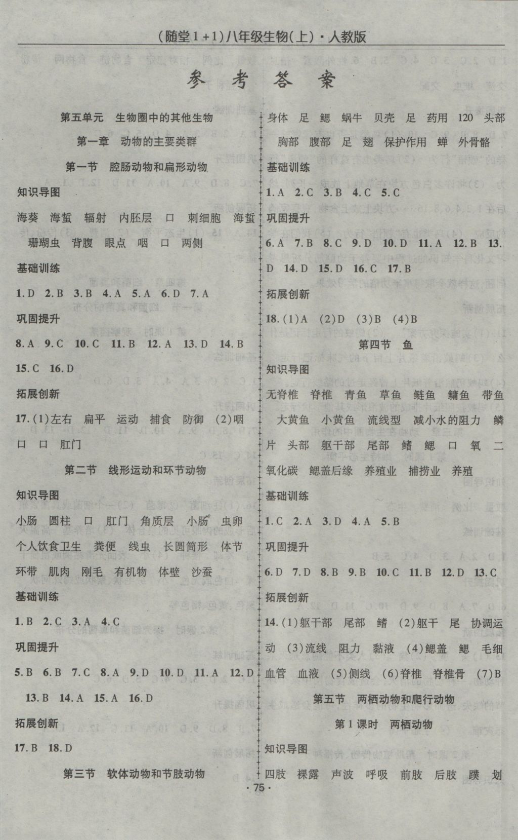 2016年随堂1加1导练八年级生物上册人教版 参考答案第1页