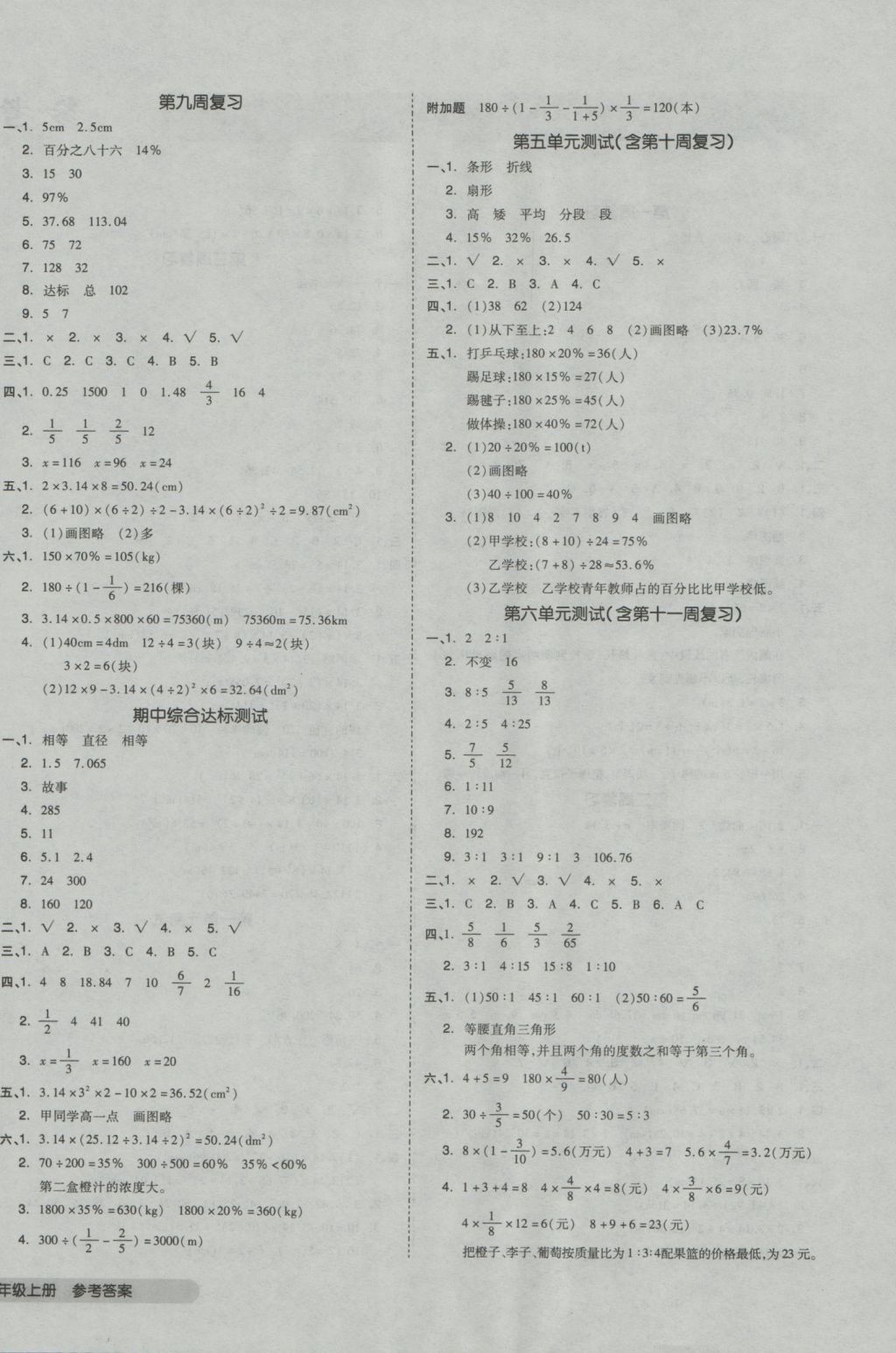 2016年全品小复习六年级数学上册北师大版 参考答案第4页