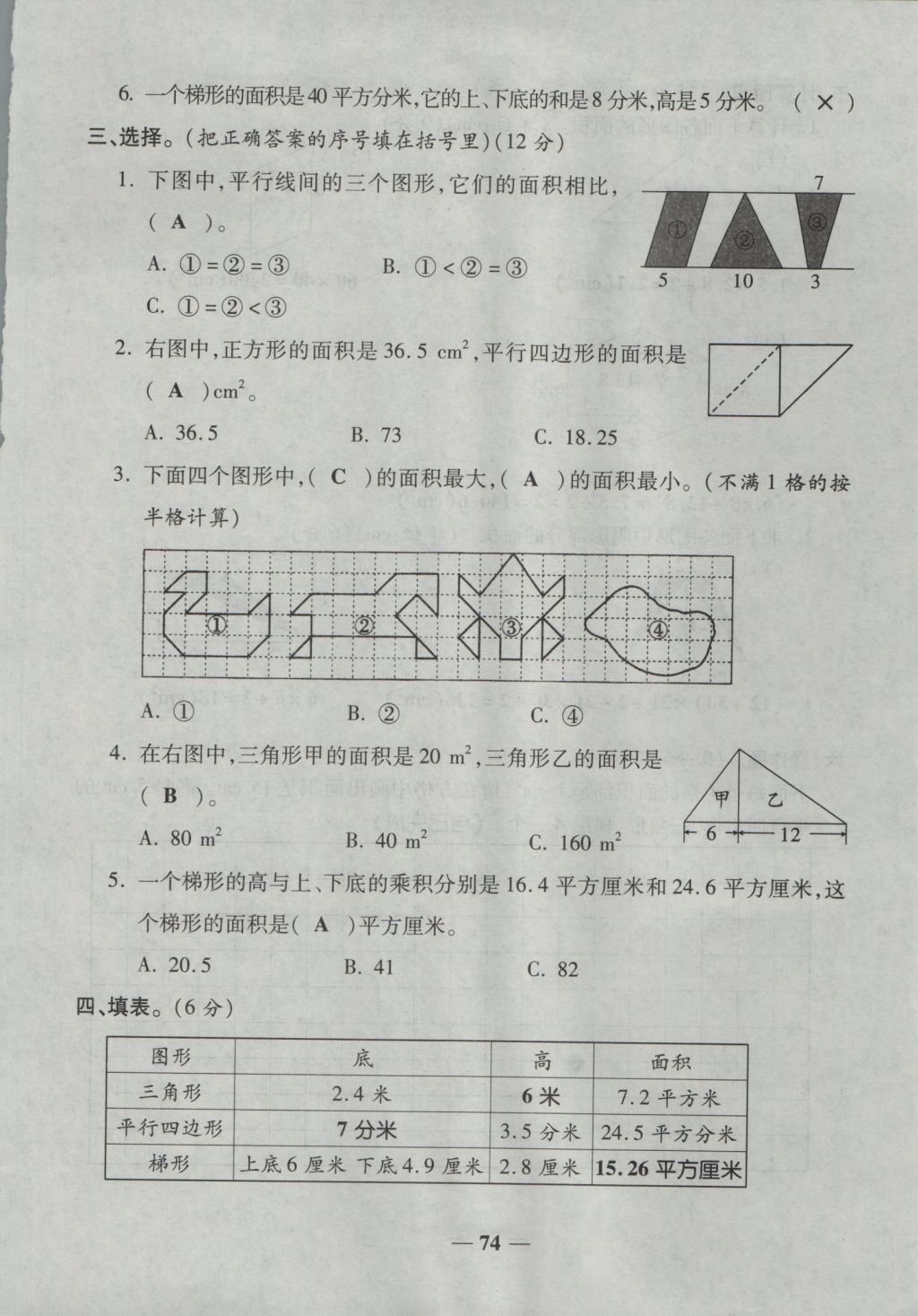 2016年奪冠金卷考點梳理全優(yōu)卷五年級數學上冊人教版 參考答案第74頁