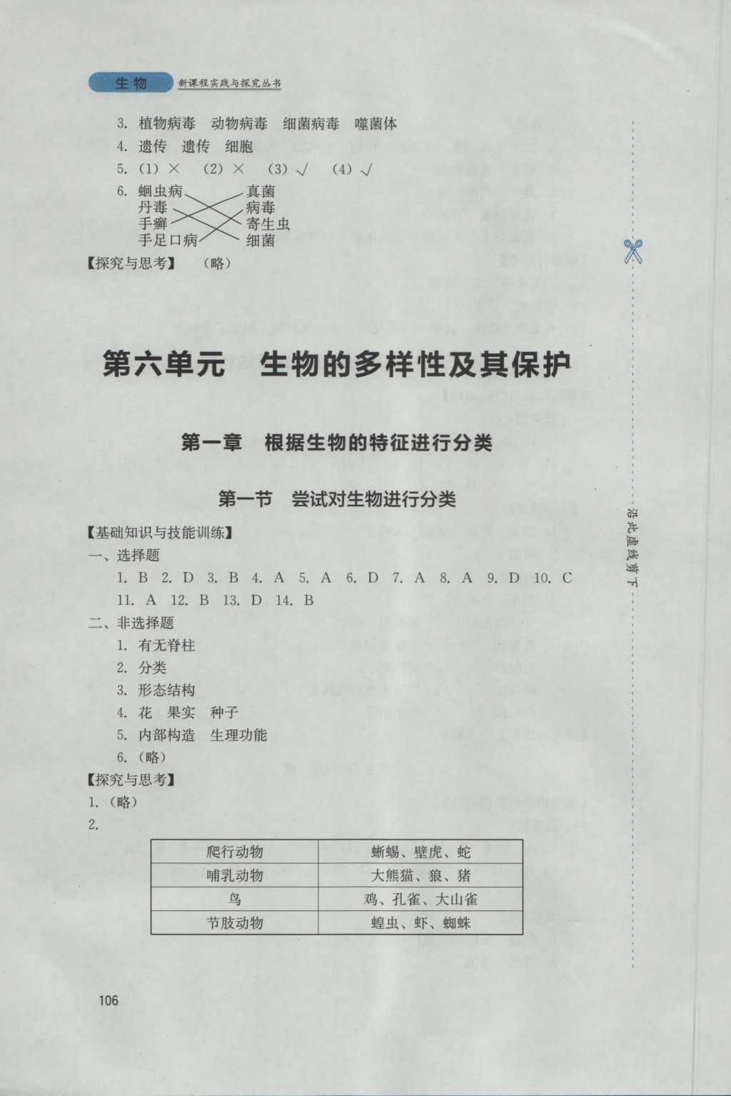 2016年新课程实践与探究丛书八年级生物上册人教版 参考答案第10页