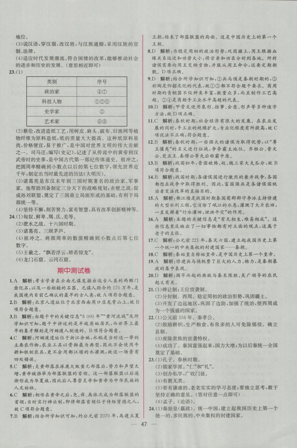 2016年同步导学案课时练七年级中国历史上册人教版 参考答案第23页