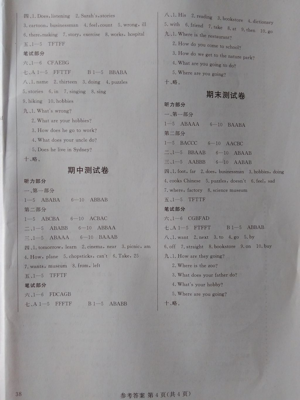 2016年狀元坊全程突破導練測六年級英語上冊 試卷參考答案第43頁