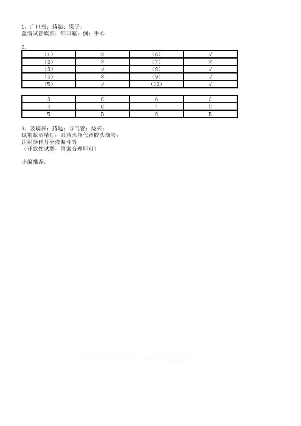 2016年課堂練習(xí)冊九年級化學(xué)上冊H版 參考答案第2頁