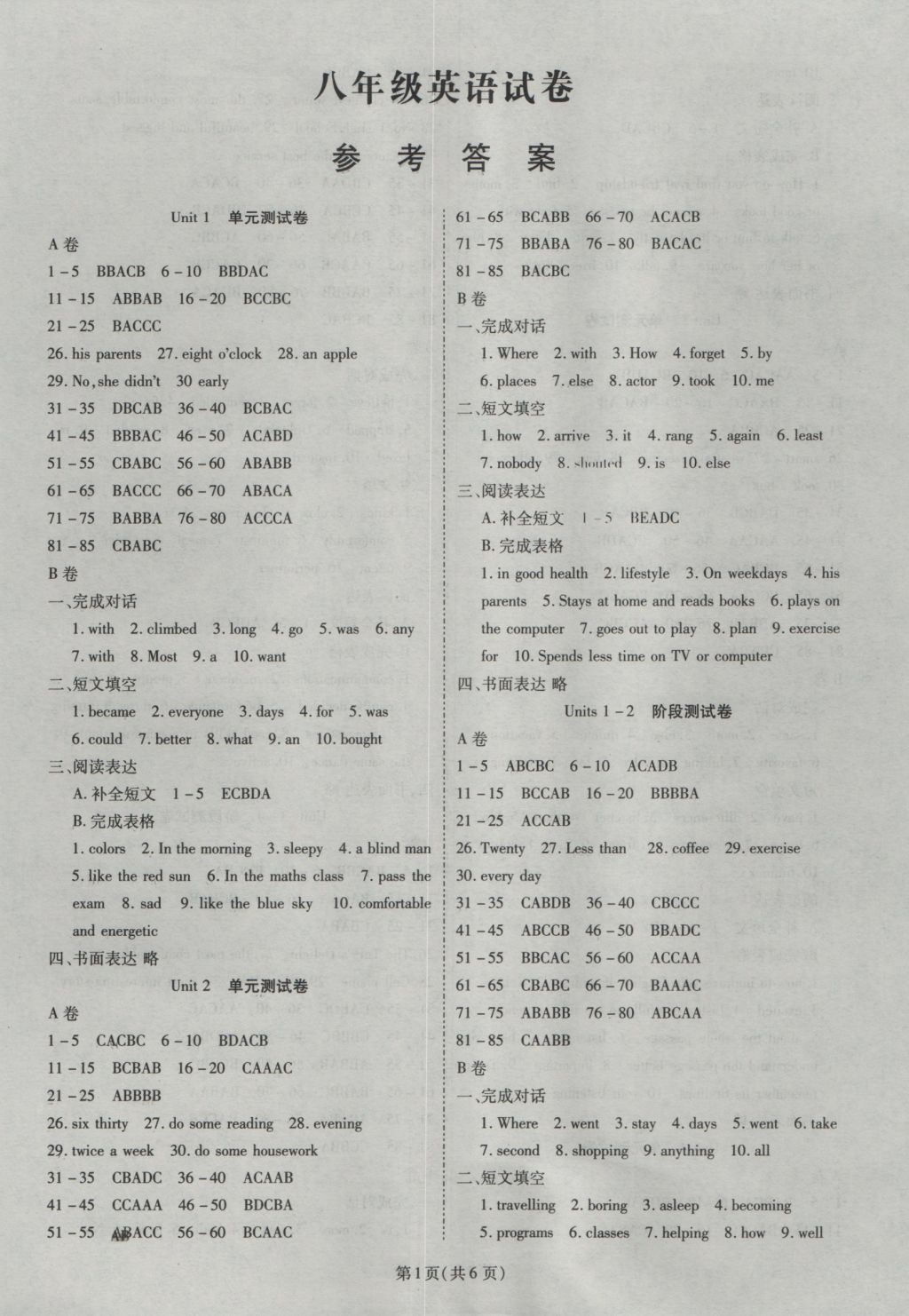 2016年權(quán)威考卷八年級(jí)英語(yǔ)上冊(cè)人教版 參考答案第1頁(yè)