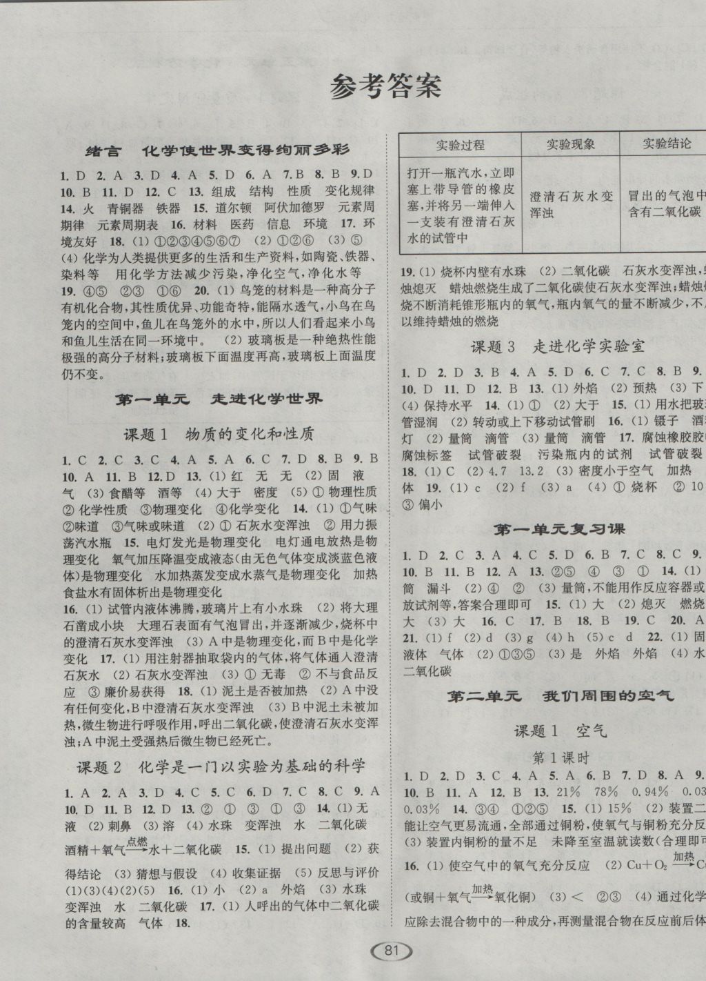 2016年亮點(diǎn)給力提優(yōu)課時(shí)作業(yè)本九年級化學(xué)上冊全國版 參考答案第1頁