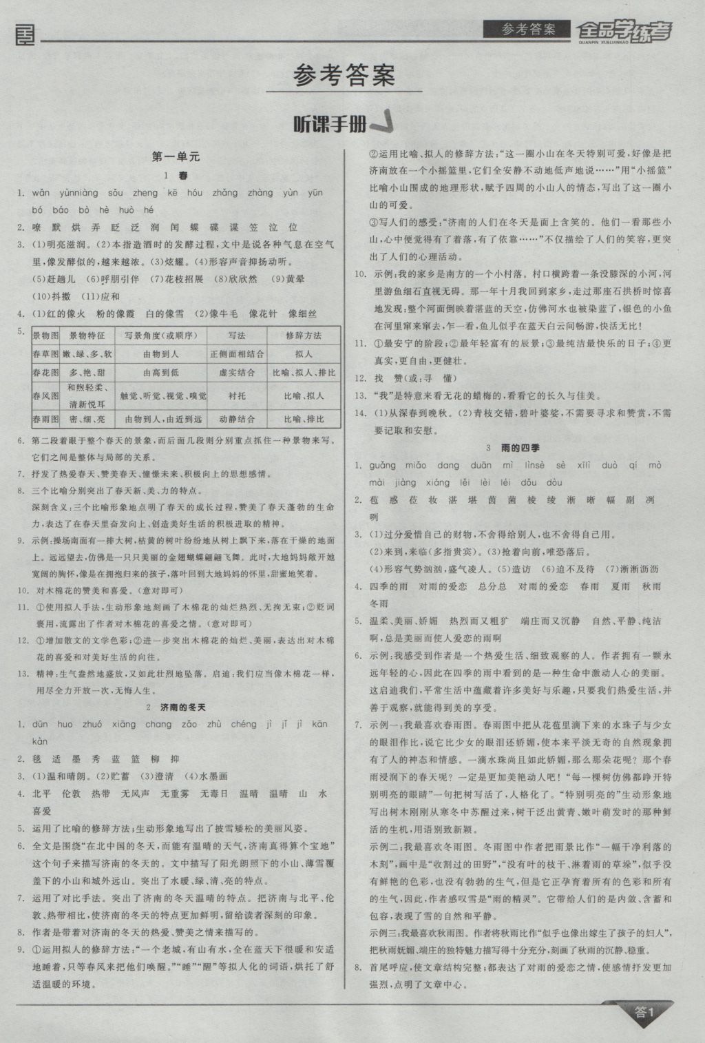 2016年全品学练考七年级语文上册人教版 参考答案第1页