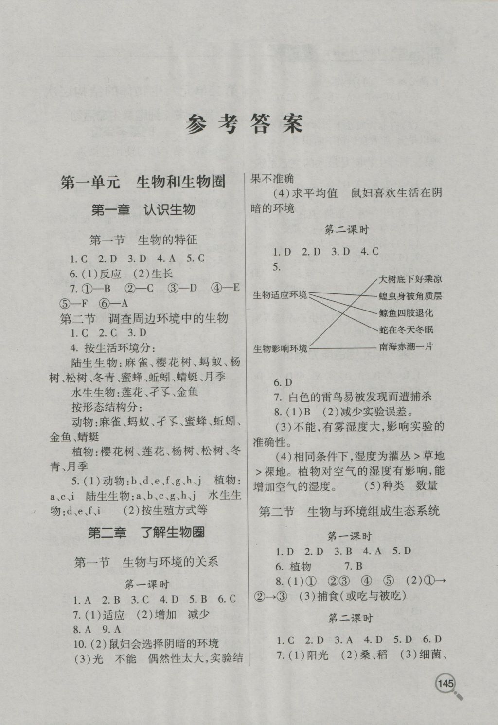 2016年新课堂同步学习与探究七年级生物上学期 参考答案第1页