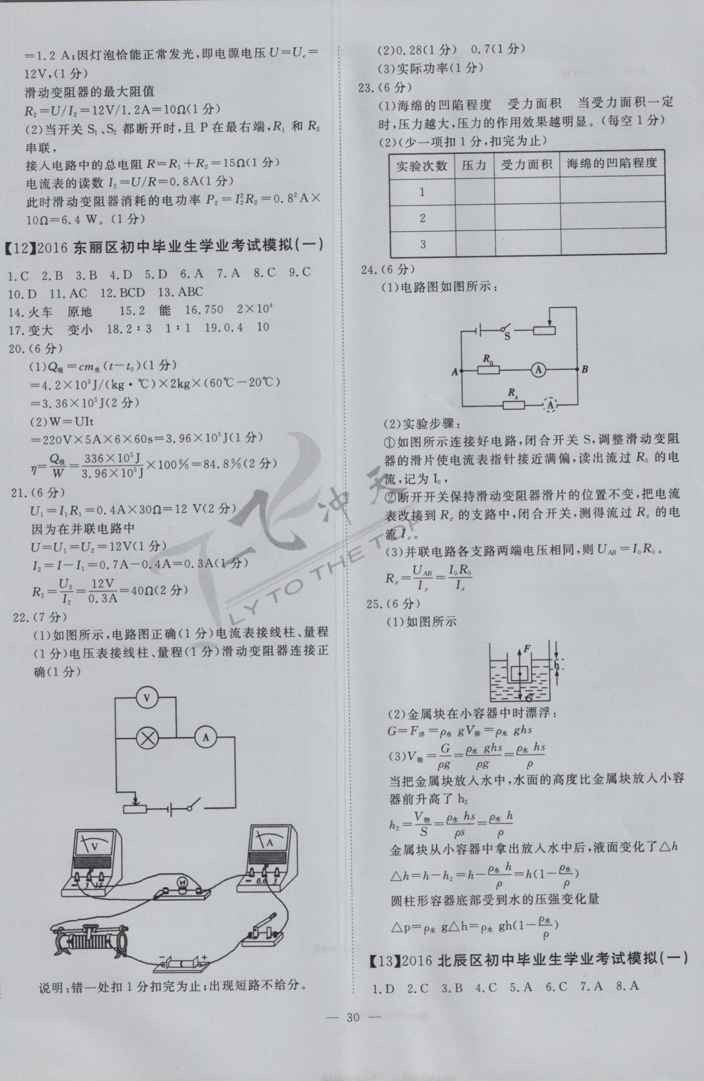 2017年一飞冲天初中模拟汇编物理 参考答案第10页