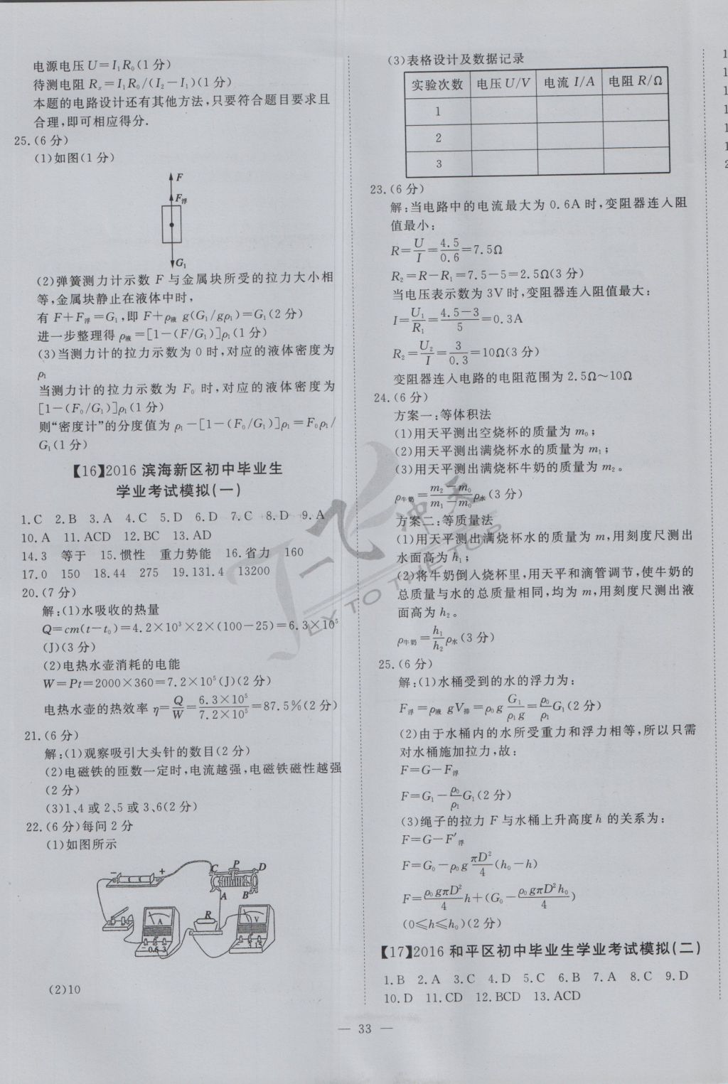 2017年一飞冲天初中模拟汇编物理 参考答案第13页