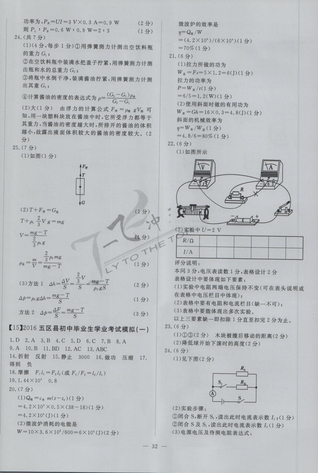 2017年一飞冲天初中模拟汇编物理 参考答案第12页